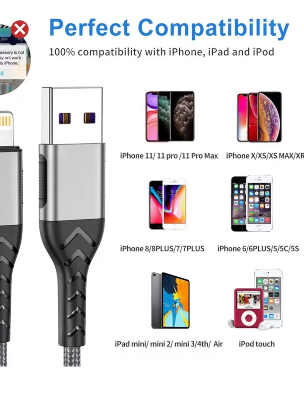 Lightning to USB Charging Cable 3-pack. Universal Braided – Gray